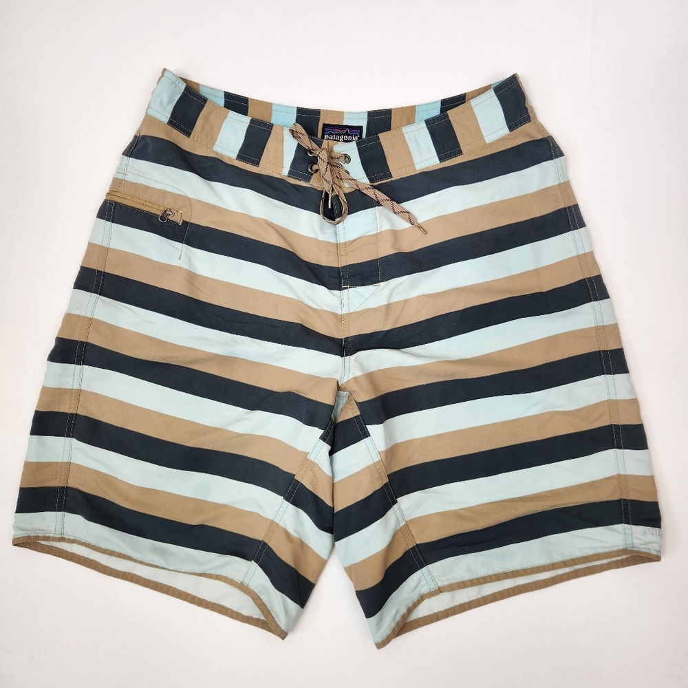 Patagonia Mens Striped Single Zip Pocket Spell Out Wavefarer Board Shorts 33